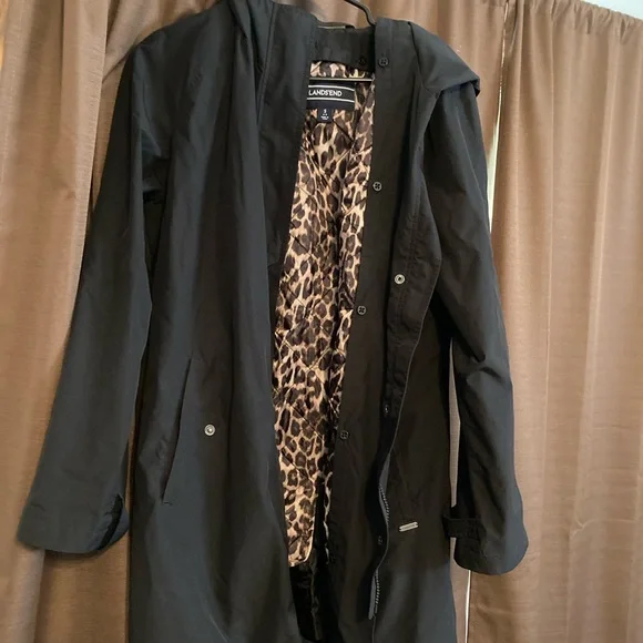 🍂🌻☔️Lands’ End Black and Leopard Print TrenchCoat/Rain Jacket - Picture 2 of 5